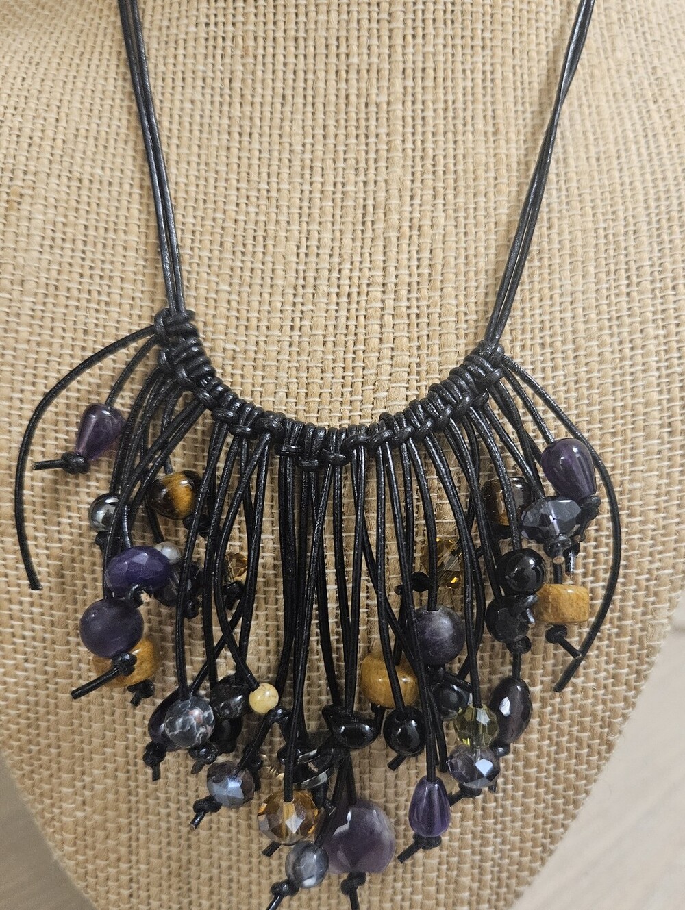 Aingeel-Z Jewelry Leather Fringe Mixed Gemstones Statement Necklace